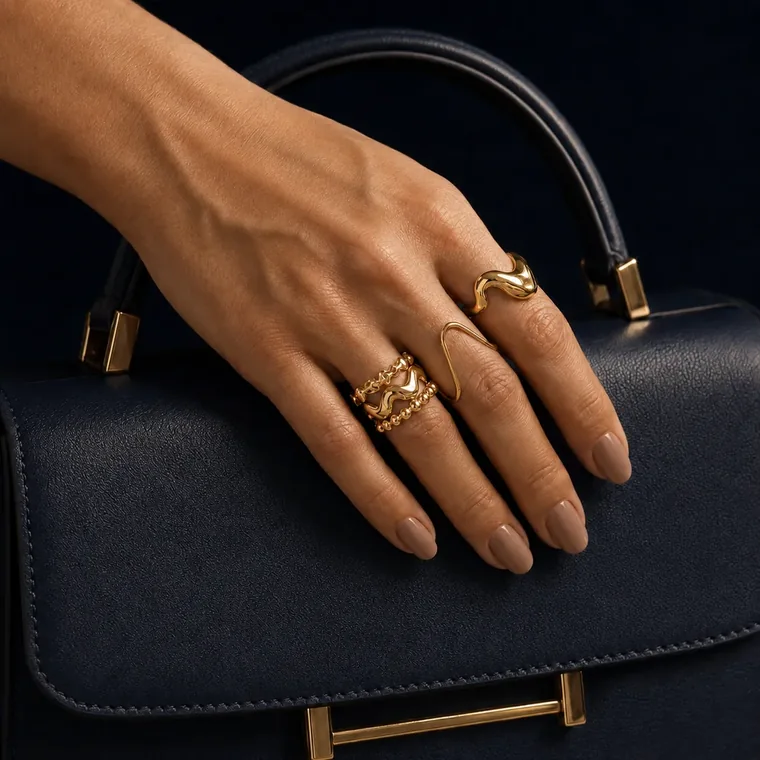 Mão com anéis dourados da Le Due apoiada numa bolsa azul-marinho